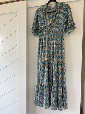 Max Studio Blue Floral Tiered V-Neck Maxi Dress
